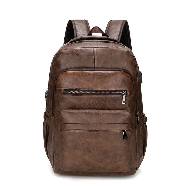 Premium PU Leather USB Charging Laptop Backpack - Fits 13-16 inch MacBook Air/Pro models, Side Mesh Pocket