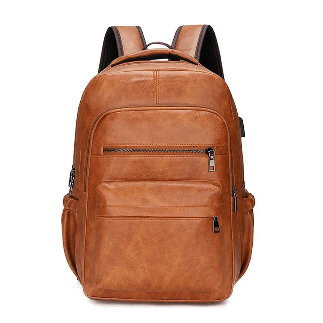 Premium PU Leather USB Charging Laptop Backpack - Fits 13-16 inch MacBook Air/Pro models, Side Mesh Pocket