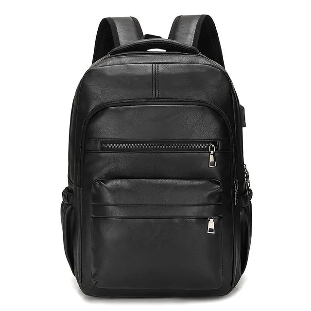 Premium PU Leather USB Charging Laptop Backpack - Fits 13-16 inch MacBook Air/Pro models, Side Mesh Pocket