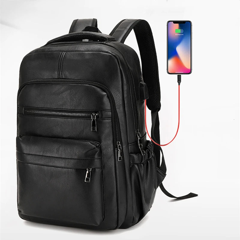 Premium PU Leather USB Charging Laptop Backpack - Fits 13-16 inch MacBook Air/Pro models, Side Mesh Pocket