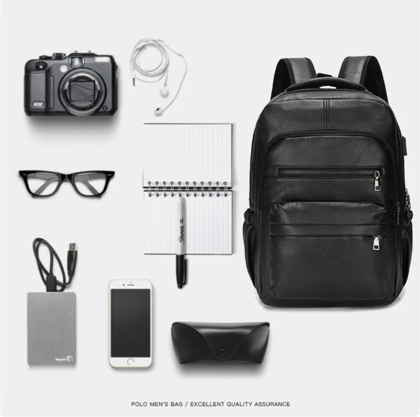 Premium PU Leather USB Charging Laptop Backpack - Fits 13-16 inch MacBook Air/Pro models, Side Mesh Pocket