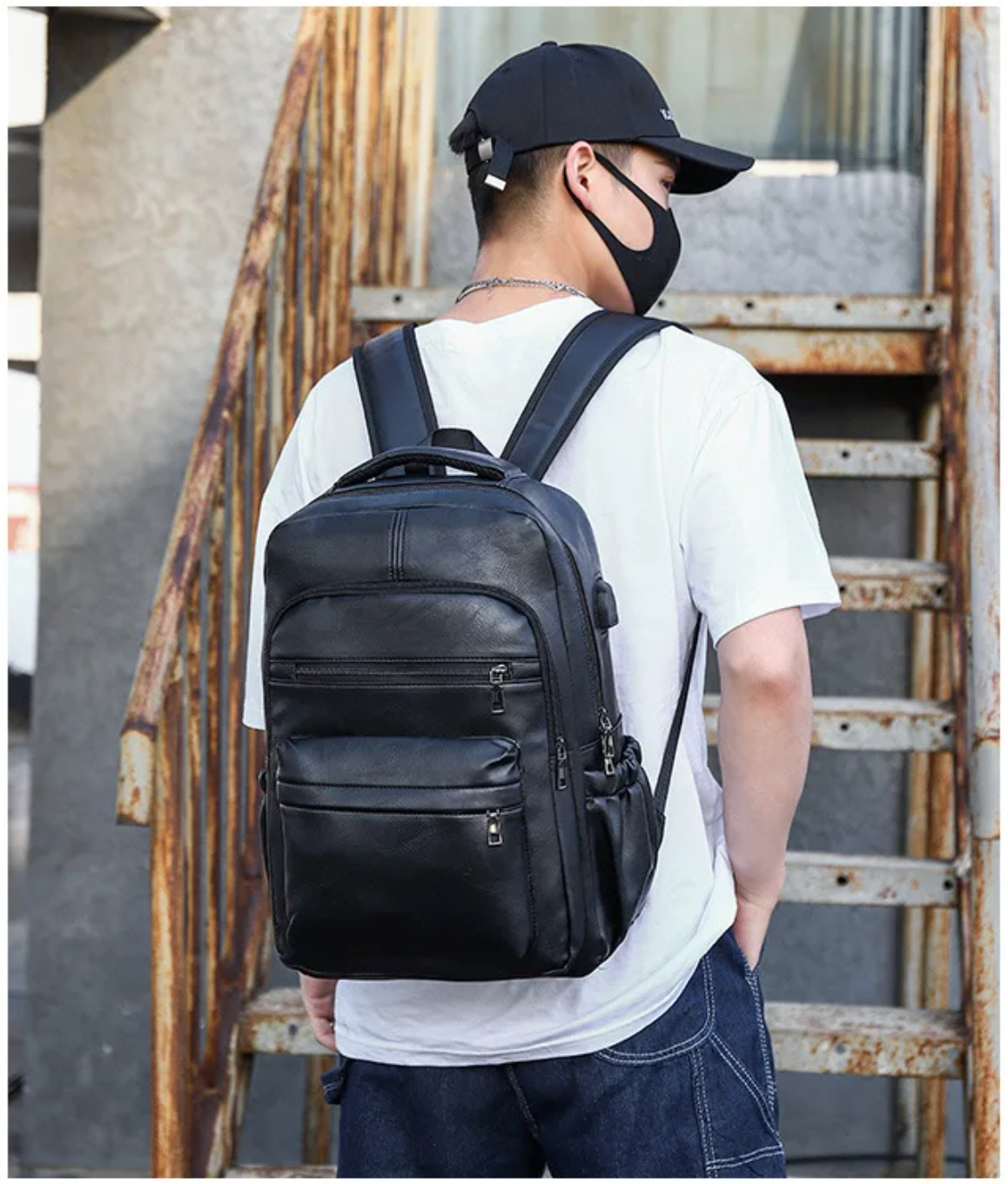 Premium PU Leather USB Charging Laptop Backpack - Fits 13-16 inch MacBook Air/Pro models, Side Mesh Pocket