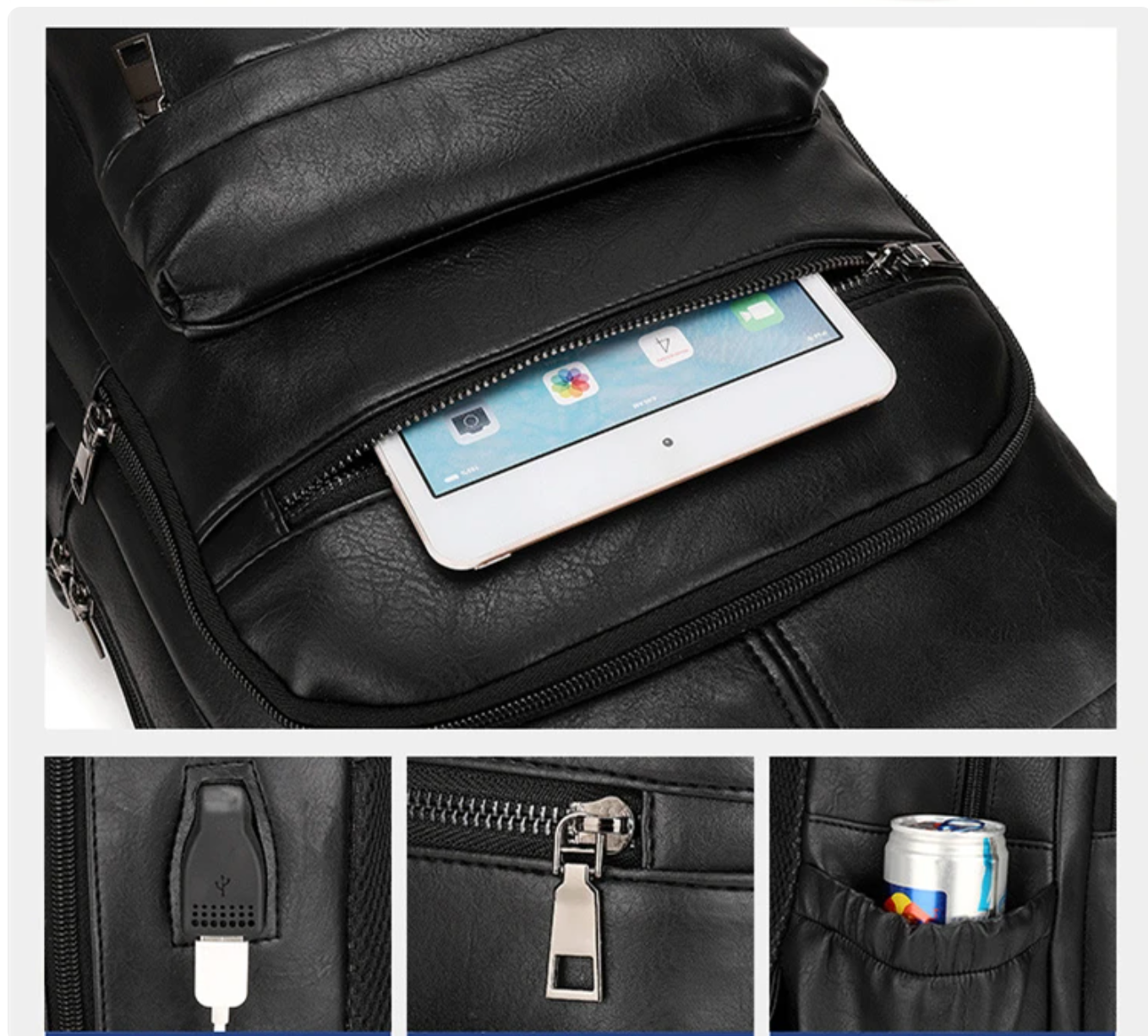 Premium PU Leather USB Charging Laptop Backpack - Fits 13-16 inch MacBook Air/Pro models, Side Mesh Pocket