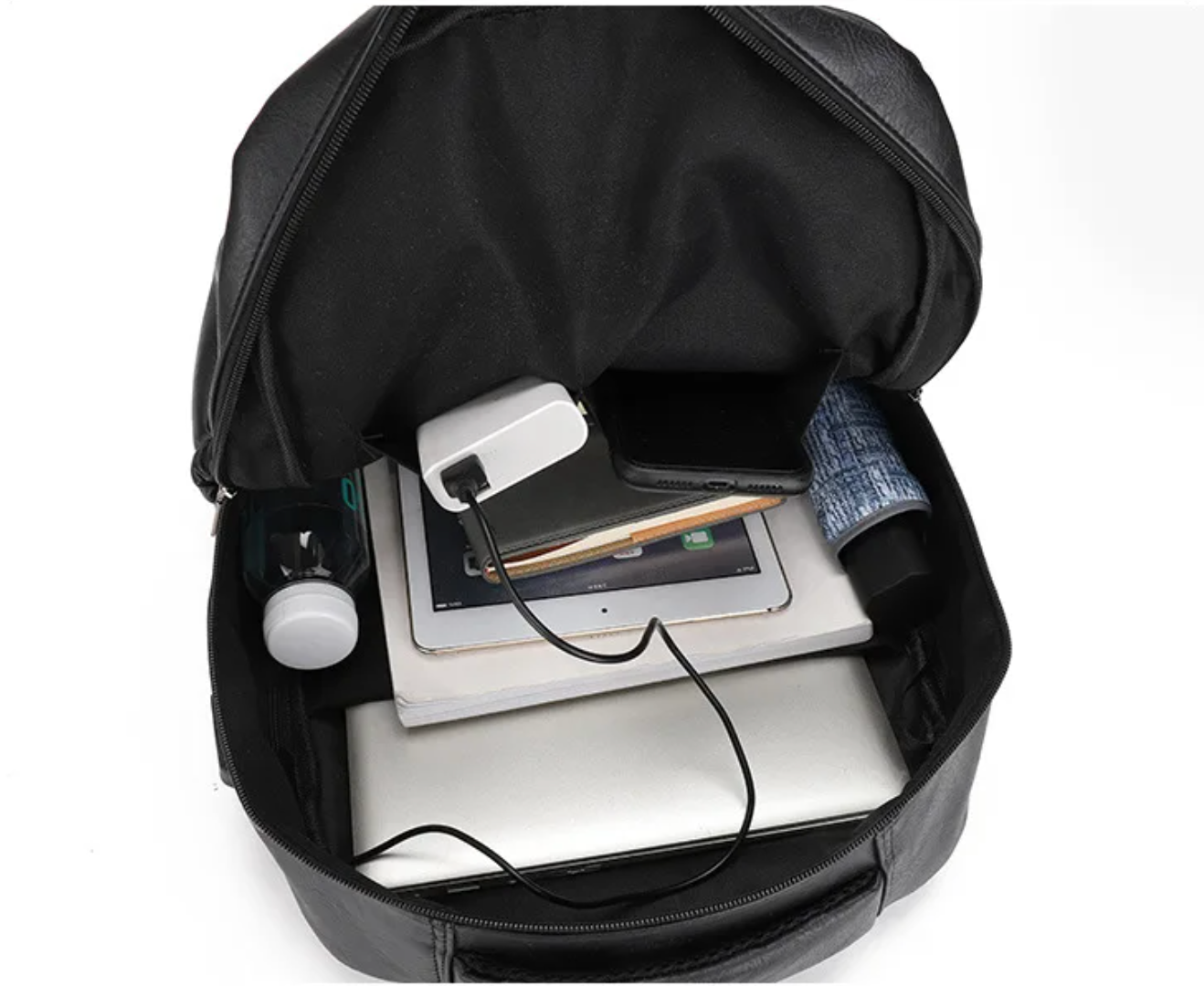 Premium PU Leather USB Charging Laptop Backpack - Fits 13-16 inch MacBook Air/Pro models, Side Mesh Pocket