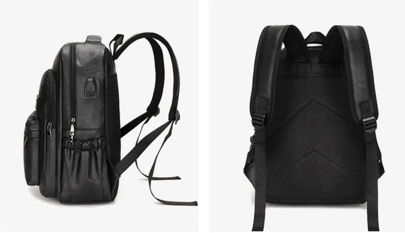 Premium PU Leather USB Charging Laptop Backpack - Fits 13-16 inch MacBook Air/Pro models, Side Mesh Pocket